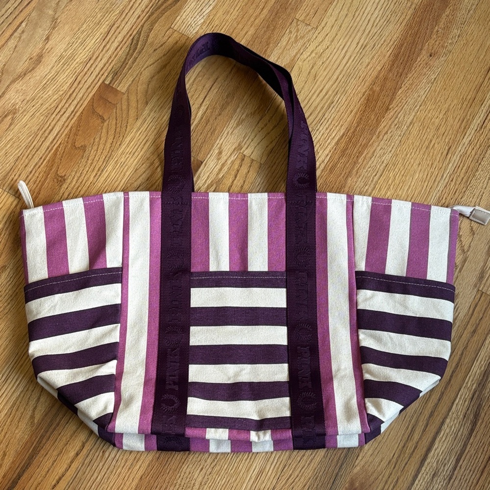 Victorias Secret PINK Striped Canvas Tote Bag in Purple and Cream
